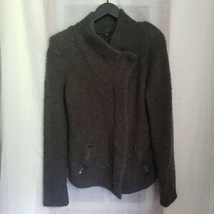Ann Taylor Textured Heathered Gray Moto Sweater Jacket Wool Blend Women's Size L